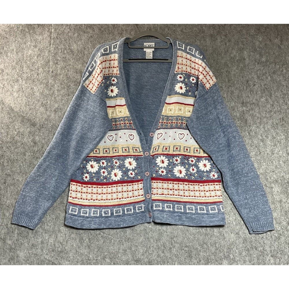 Koret City Blues Sweater Womens XL Blue Floral Knit Cardigan Cottage Grannycore*